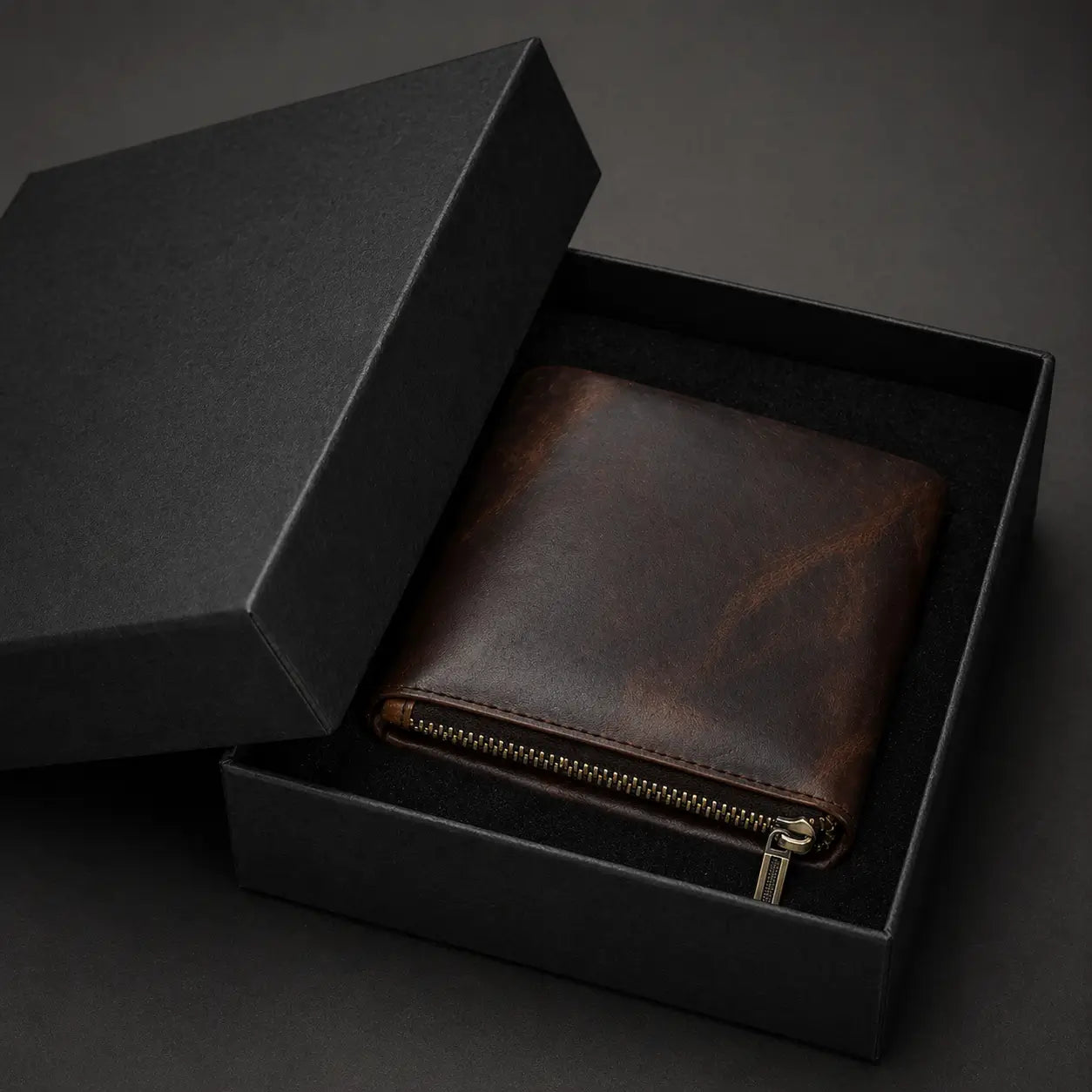 Leather Zipper Wallet in espresso full-grain leather, gift-boxed with a heavy-duty brass zip and burnished edges.