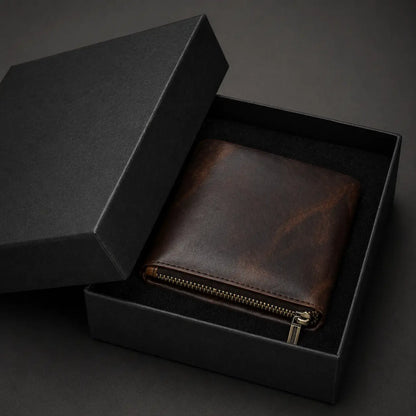 Leather Zipper Wallet in espresso full-grain leather, gift-boxed with a heavy-duty brass zip and burnished edges.