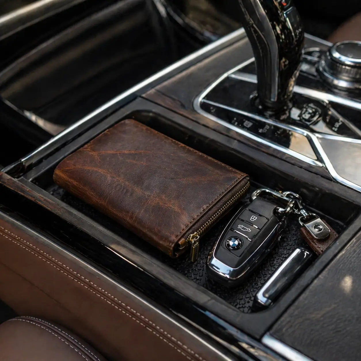 Leather Zipper Wallet in dark espresso full-grain leather, featuring a secure wrap-around zip and custom name engraving.