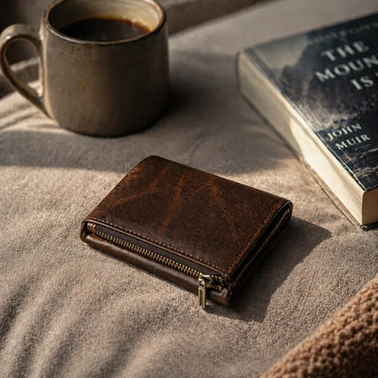 Leather Zipper Wallet in dark espresso full-grain leather, featuring a high-capacity internal coin pouch and card slots.