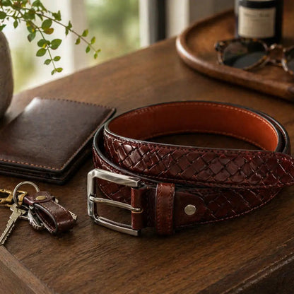 A woven brown leather belt coiled on a wooden tabletop beside everyday accessories including a leather wallet, keys, and sunglasses, arranged in a warm lifestyle setting.