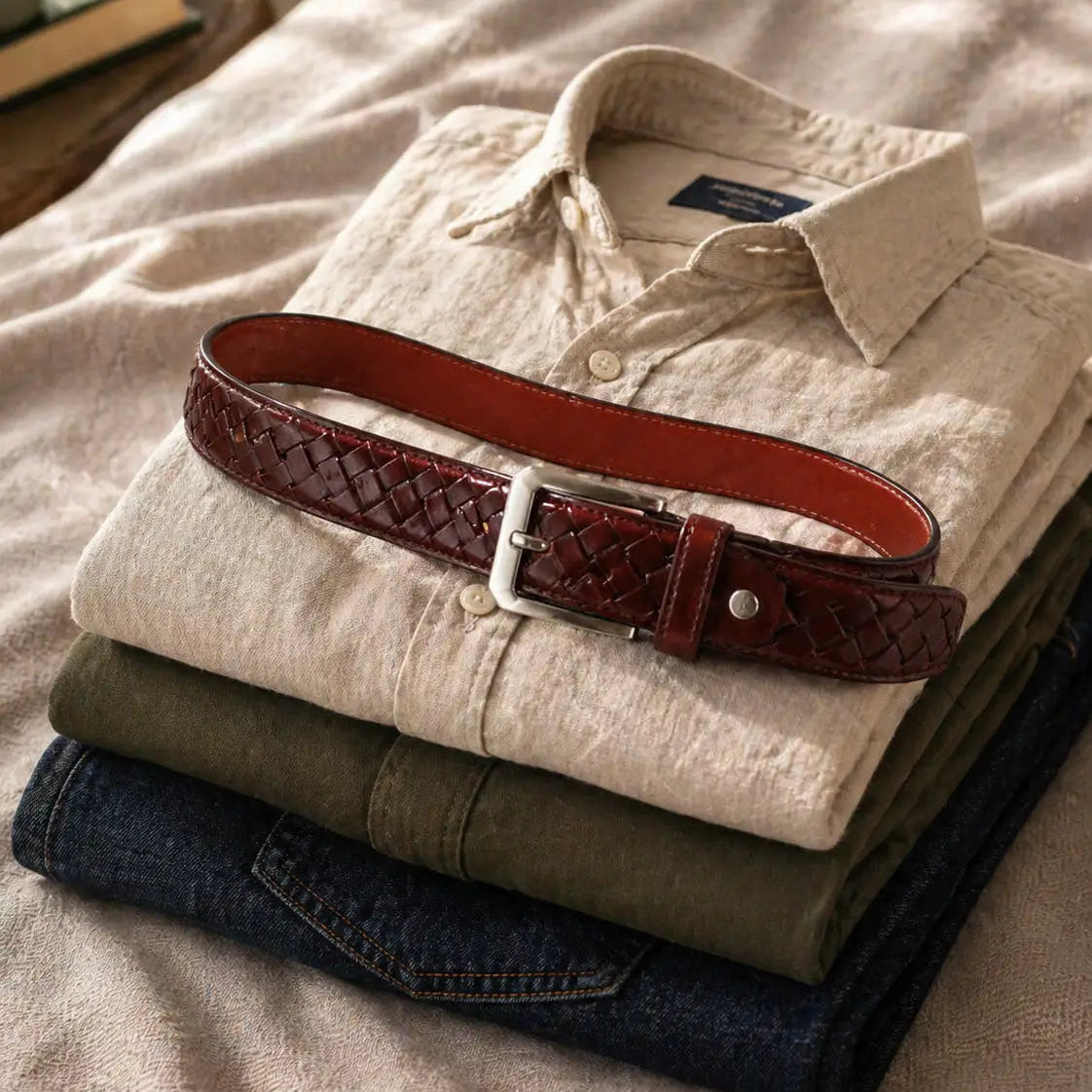 A brown woven leather belt laid across neatly folded neutral-toned clothing, including a textured button-up shirt and folded denim, styled in soft daylight.