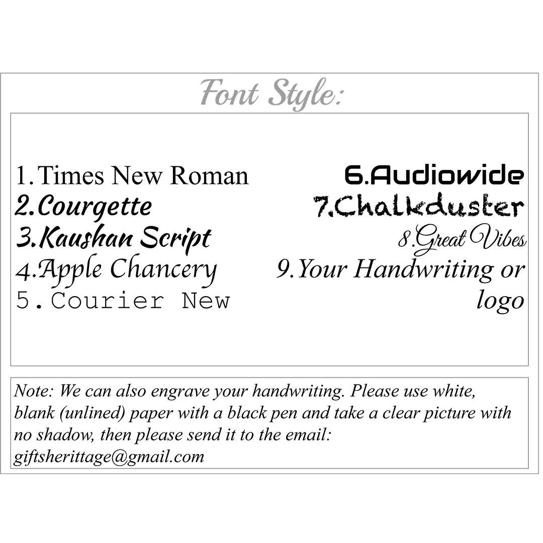 Personalisation font style guide showing available engraving fonts for custom wooden sunglasses case