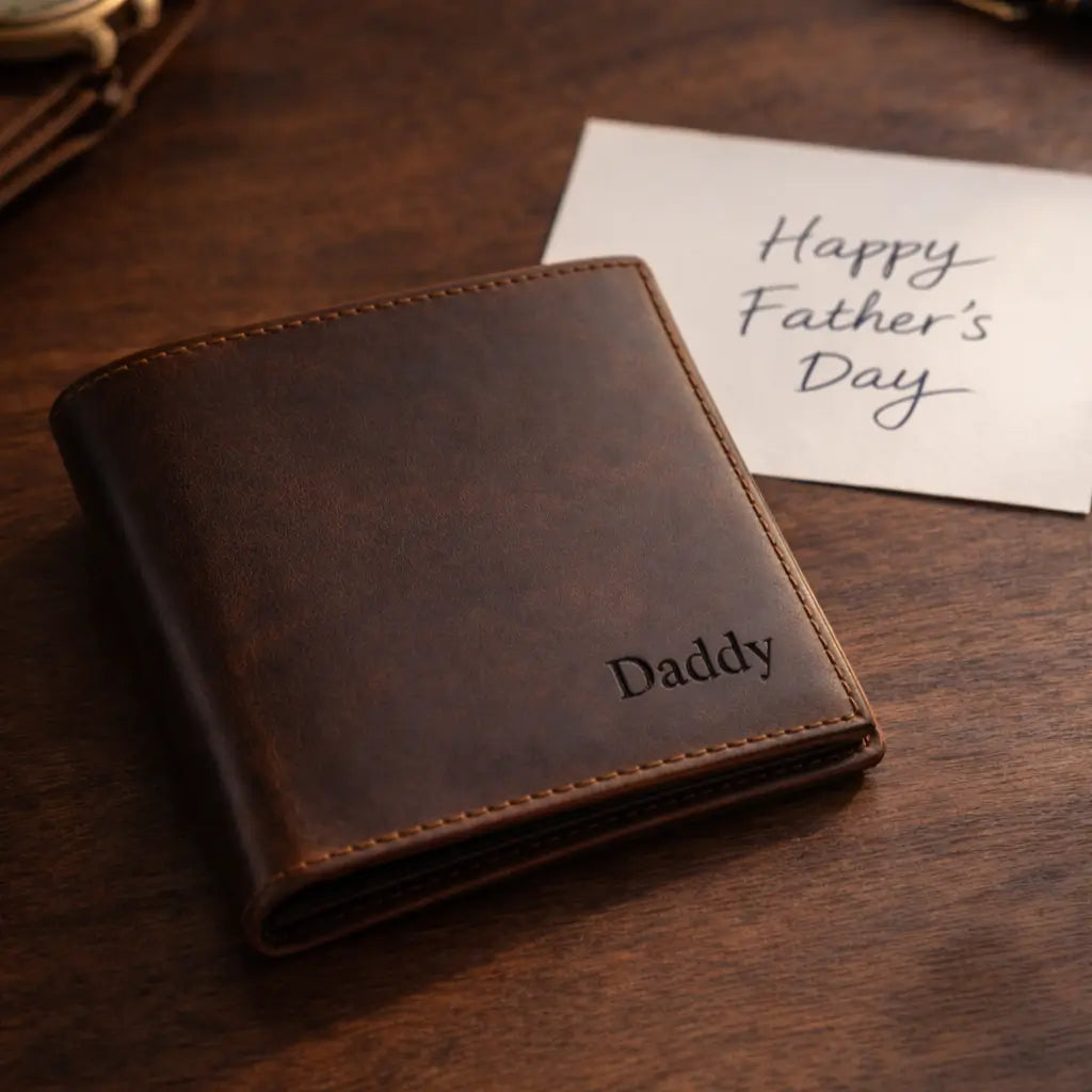 Leather Bifold Wallet in dark espresso full-grain leather, featuring a 'Daddy' name engraving and burnished edges.