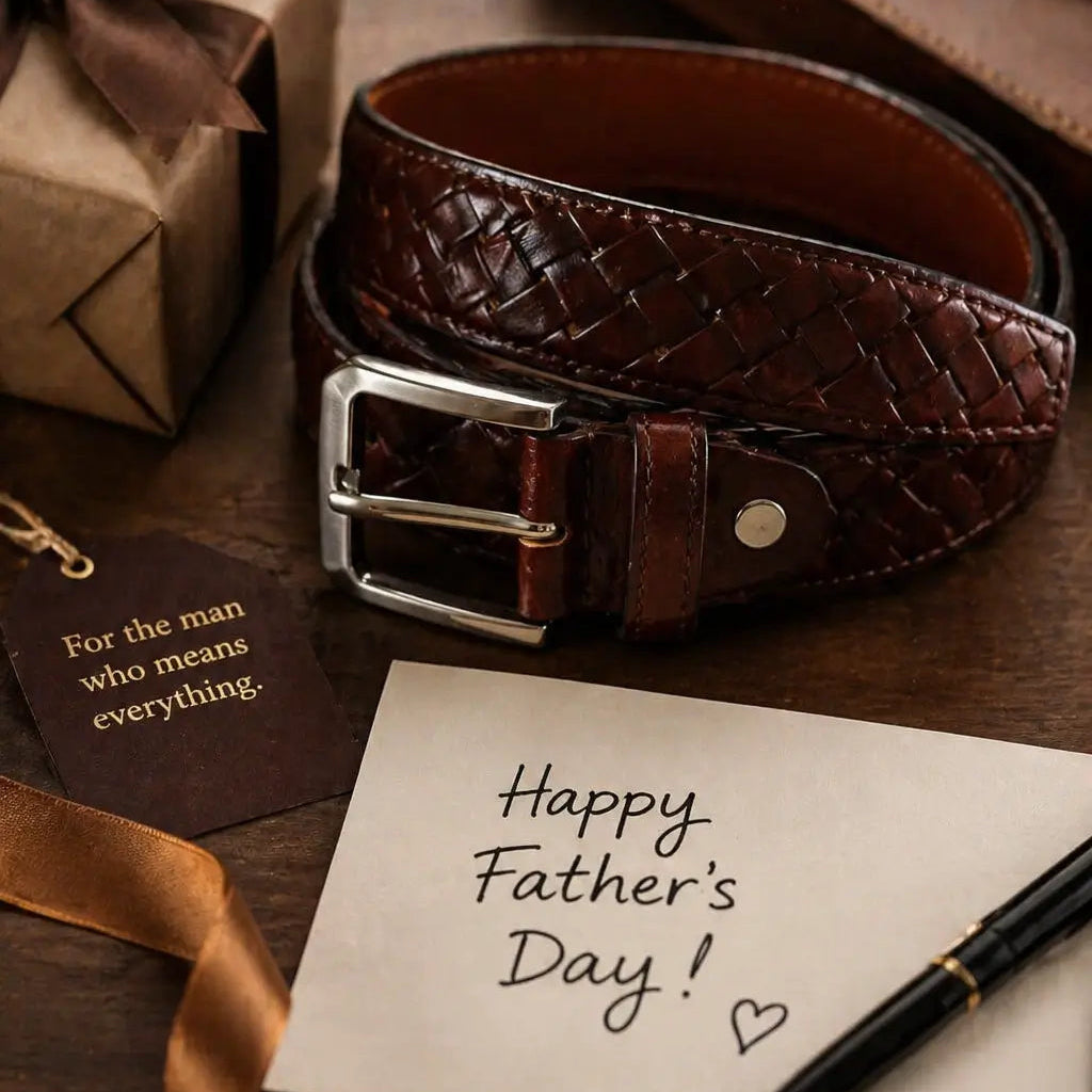 A woven brown leather belt displayed as a Father’s Day gift setup on a wooden table, surrounded by wrapped packaging, glasses, a pen, and a handwritten “Happy Father’s Day!” card.