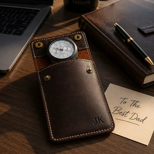 Personalized dark brown leather watch pouch with engraved initials placed on an executive office desk beside a laptop, leather notebook, luxury pen, coffee mug, and handwritten “To The Best Dad” note in warm afternoon lighting.