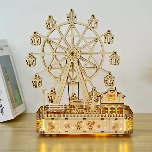 A 3D wooden model puzzle of a ferris wheel with built-in lighting, fully assembled and glowing, used as a decorative and eye-catching display piece.