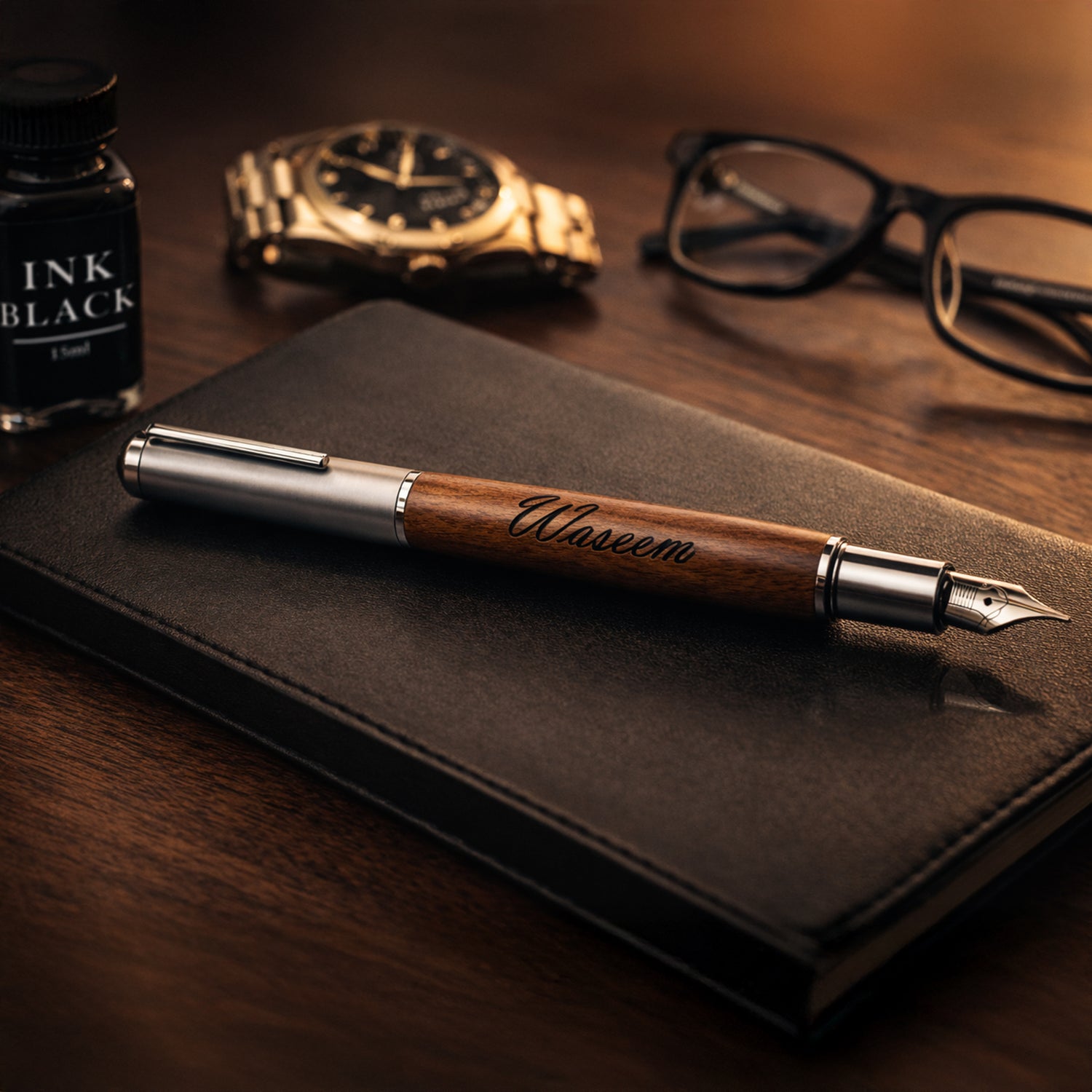Executive Fountain Pen in Luxury Gift Box - Professional Black and Silver Finish