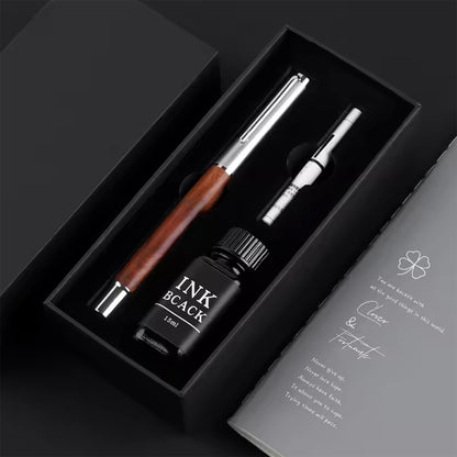 Mahogany Executive Fountain Pen Set with Refillable Ink Converter – Professional Calligraphy Gift Box