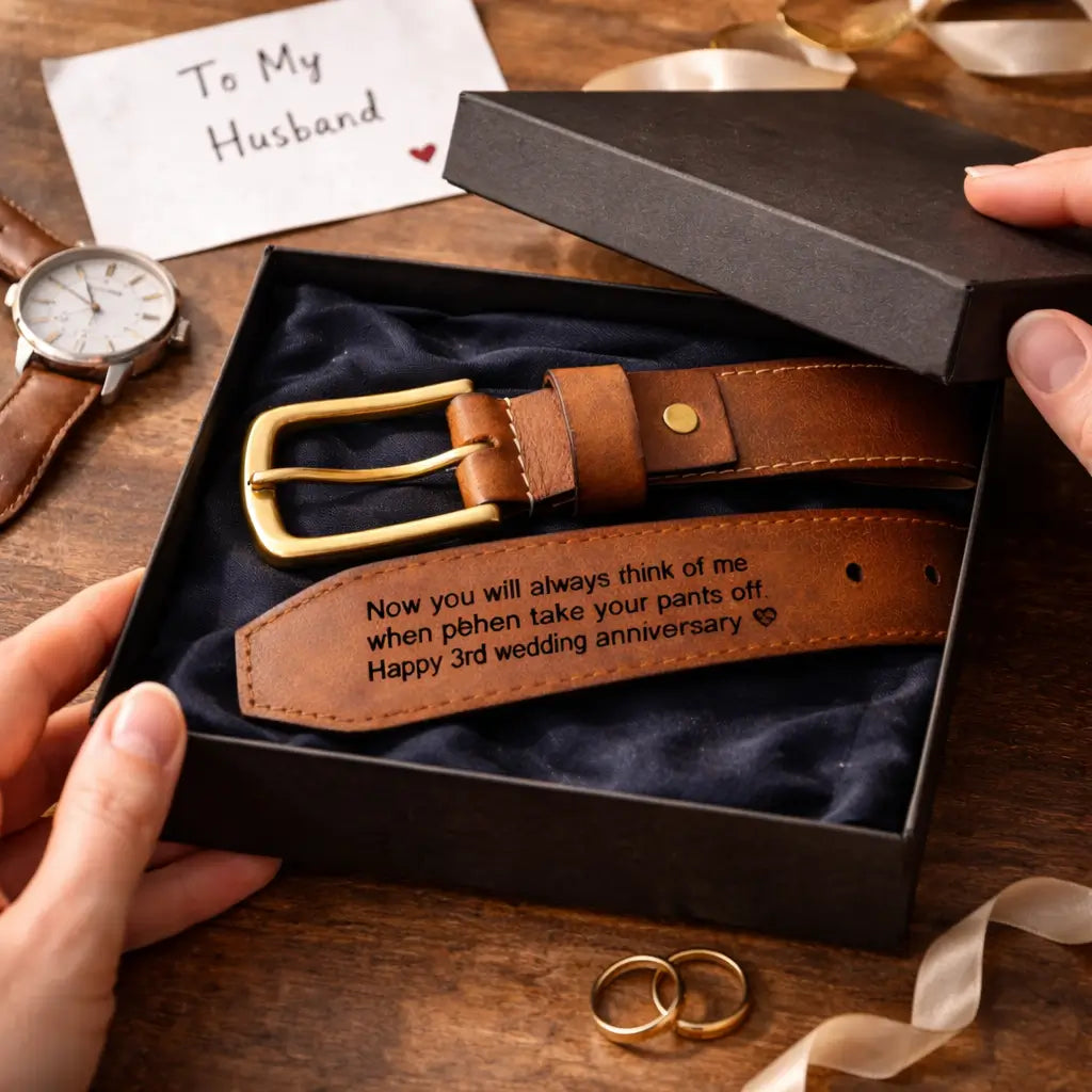 Luxury personalized leather belt gift set in a premium black gift box with engraved message, anniversary presentation with wedding rings and “To My Husband” card.