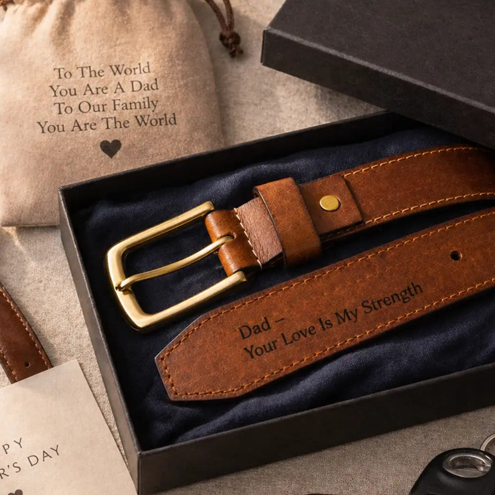 Father’s Day personalized leather belt gift set with engraved sentimental message inside a luxury black box, accompanied by gift pouch and car keys.