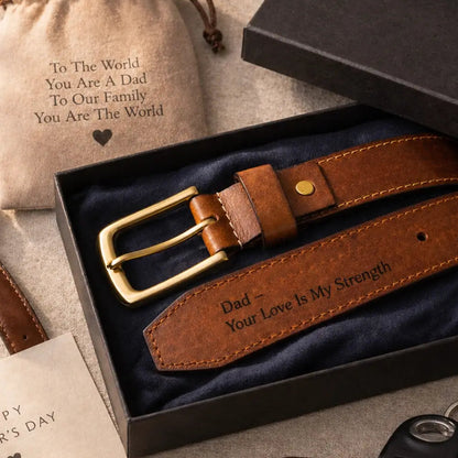 Father’s Day personalized leather belt gift set with engraved sentimental message inside a luxury black box, accompanied by gift pouch and car keys.