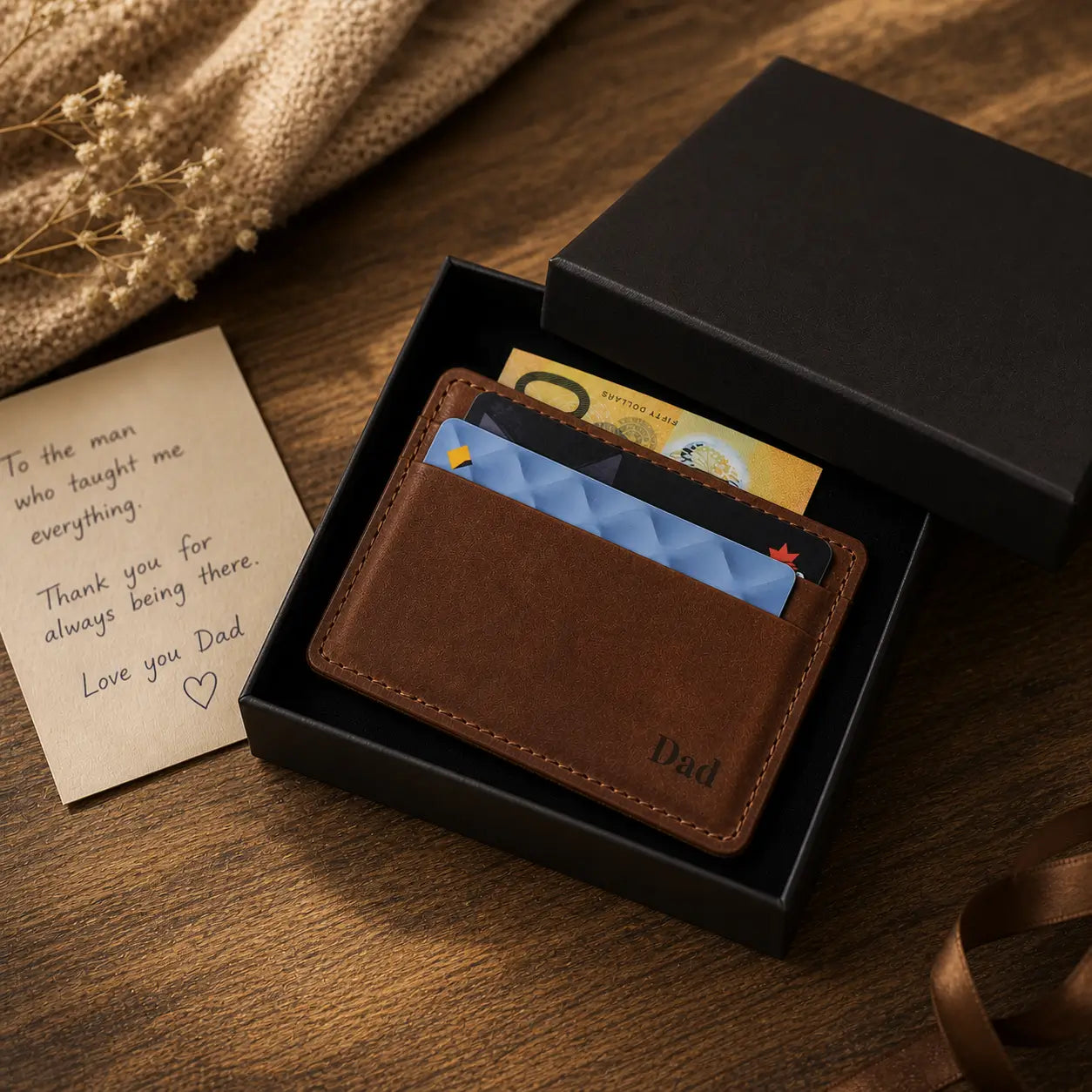 Slim tan leather card wallet with custom engraving inside a premium black presentation box, showing a professional gift unboxing experience.