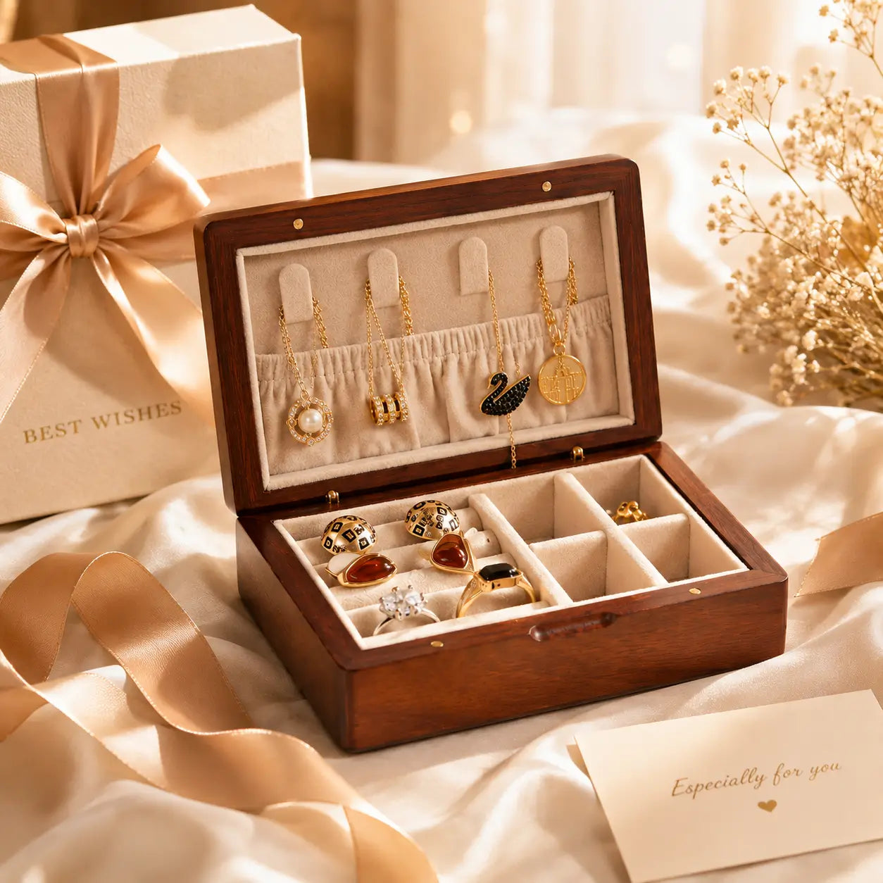 Luxury wooden jewelry organizer gift set displayed on soft satin fabric with gold ribbon styling and neatly arranged jewelry inside velvet compartments.