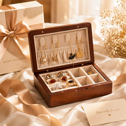 Luxury wooden jewelry organizer gift set displayed on soft satin fabric with gold ribbon styling and neatly arranged jewelry inside velvet compartments.