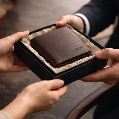 Leather Bifold Wallet in dark mocha full-grain leather, gift-boxed with custom CPN monogram and RFID-blocking security.