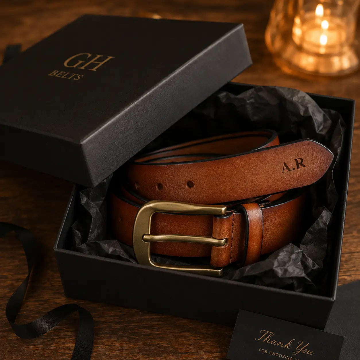 Alt text: Personalized brown genuine leather belt with antique brass buckle displayed inside a premium black gift box with black tissue paper, engraved initials visible, luxury gift presentation with warm ambient lighting.