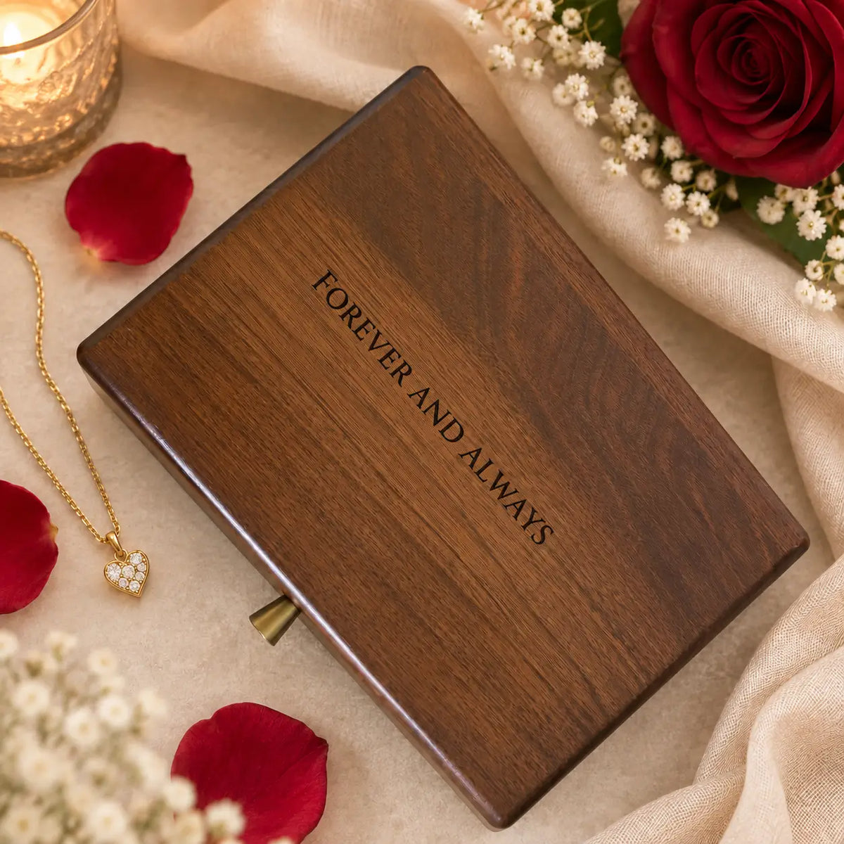 Personalised dark walnut wooden jewellery box engraved “FOREVER AND ALWAYS,” styled with red roses, gold heart necklace and soft neutral fabric for an anniversary gift.