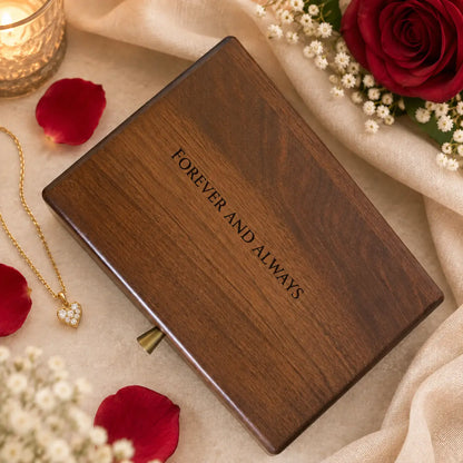 Personalised dark walnut wooden jewellery box engraved “FOREVER AND ALWAYS,” styled with red roses, gold heart necklace and soft neutral fabric for an anniversary gift.