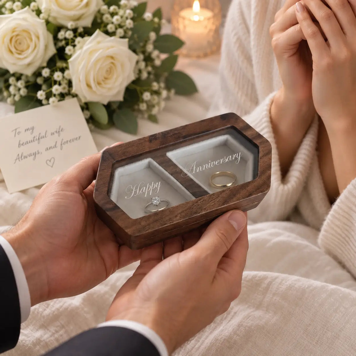 Personalised wooden ring box held by a couple beside white roses and candles for a romantic proposal or wedding gift.