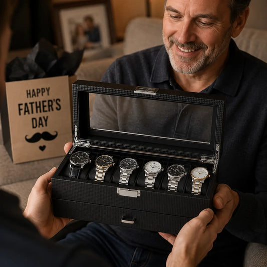 Emotional Father’s Day gift moment showing a smiling father receiving a luxury carbon fiber watch organizer filled with elegant watches in a cozy modern living room with warm lighting.