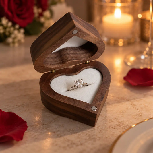 Heart-shaped dark walnut wooden ring box with white velvet insert displaying an engagement ring beside red roses and candlelight.