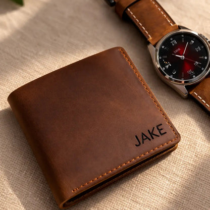 Leather Bifold Wallet in vintage chestnut full-grain leather, featuring matte-finish name engraving and burnished edges.