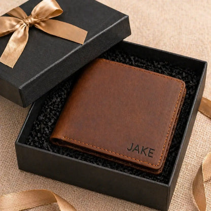 Leather Bifold Wallet in chestnut full-grain leather, gift-boxed with custom name engraving and RFID-blocking tech.