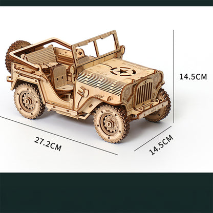 Wooden model of a jeep with dimensions indicated on a white background