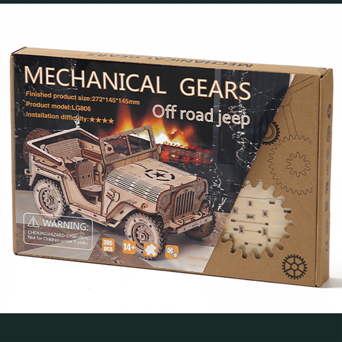 Box of a mechanical gears off-road jeep model kit with branding and product details.