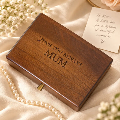 Dark walnut wooden jewellery box engraved “LOVE YOU ALWAYS MUM,” styled with pearl necklace, cream fabric and gift card as a sentimental personalised gift for Mum.