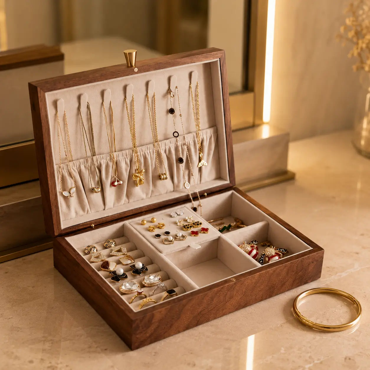 Elegant wooden jewelry box displayed open on a beige marble dressing table with warm ambient lighting and organized gold jewelry inside luxurious velvet compartments.