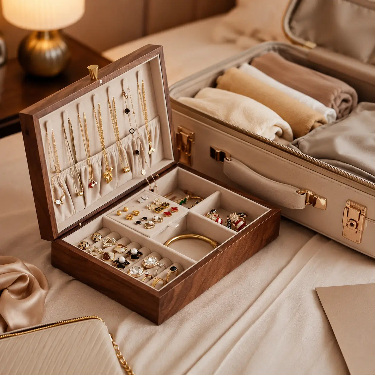 Luxury walnut jewelry organizer beside a beige travel suitcase with neatly packed clothing and organized gold jewelry, styled in a warm hotel-inspired travel setting.
