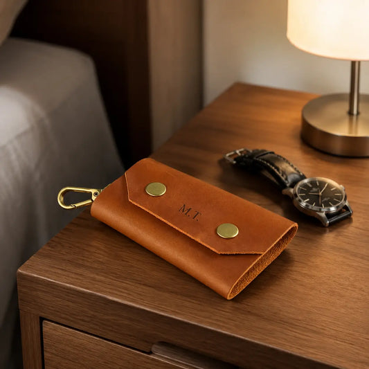 Personalised tan leather key case with brass snap buttons and engraved initials displayed beside wristwatch on bedside table