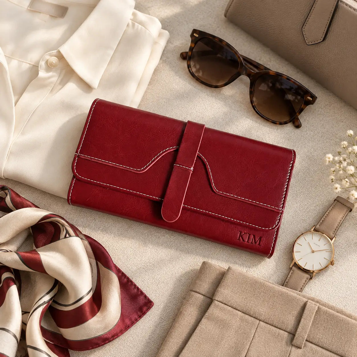 Personalised red women’s wallet engraved with KIM styled with scarf, sunglasses, watch and fashion accessories