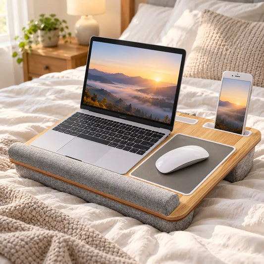 Wooden laptop lap desk with cushioned wrist rest, open laptop, mouse pad and phone holder, placed on neutral bedding in a bright bedroom.