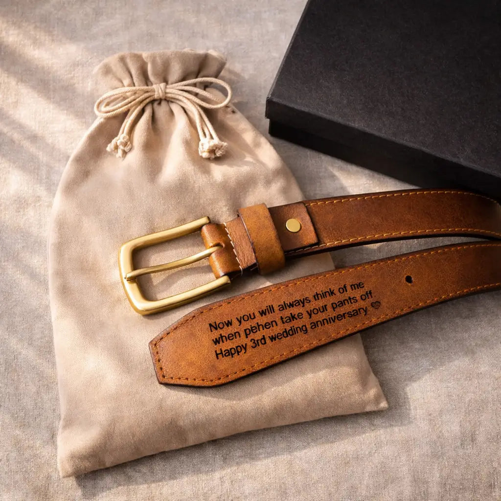 Personalized brown leather belt with engraved hidden message displayed beside a soft drawstring pouch and premium black gift box, elegant husband gift presentation.