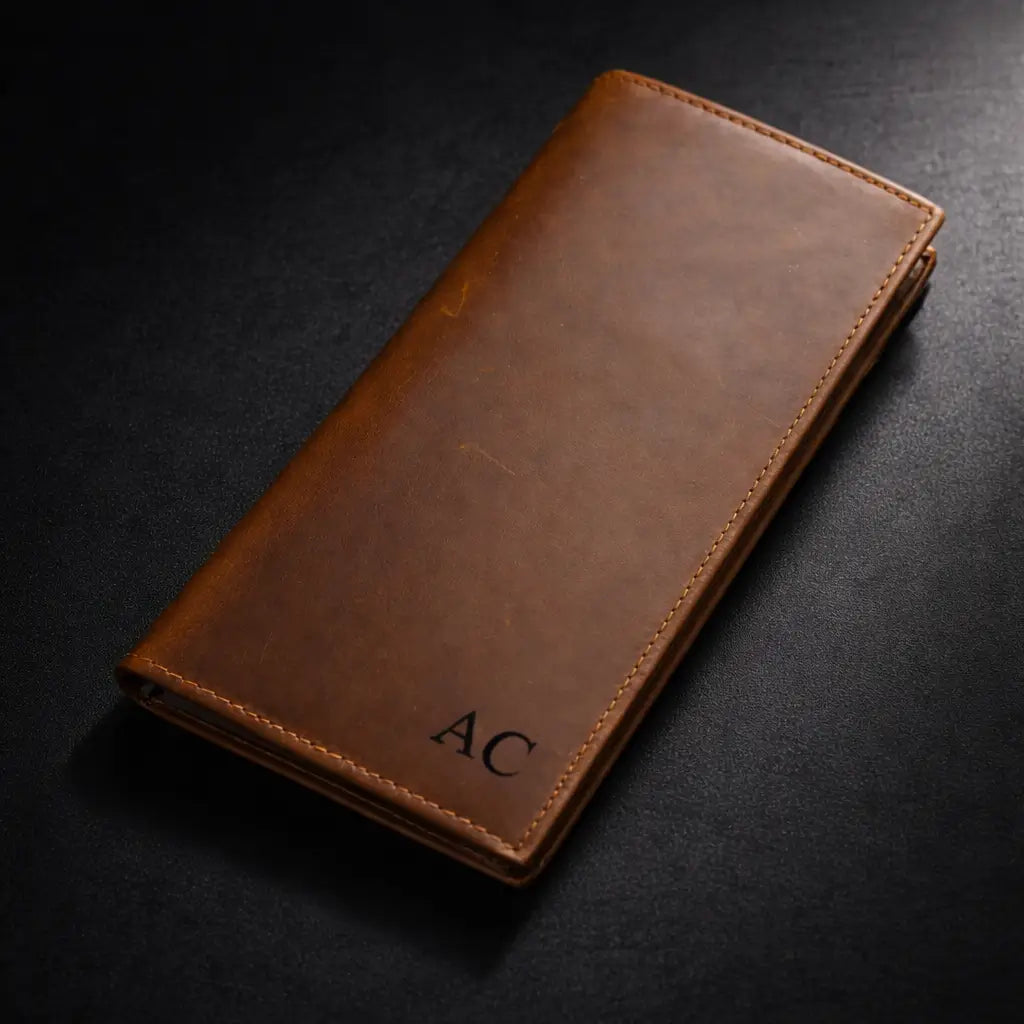 Handcrafted bifold wallet with a smooth chocolate brown leather finish and custom name engraving, ideal for professional everyday carry and luxury gifting.