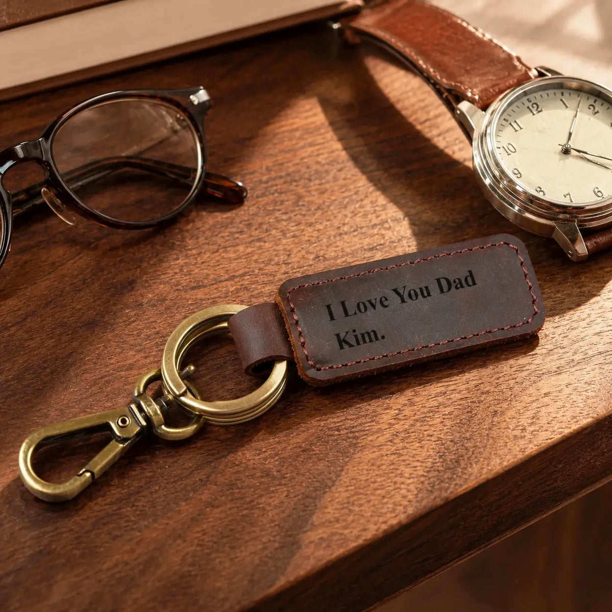Personalised brown leather keychain engraved with I Love You Dad and Kim, featuring antique brass hardware beside watch and glasses