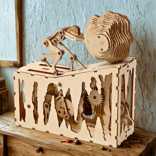 Wooden mechanical puzzle on a wooden surface with a light blue wall in the background