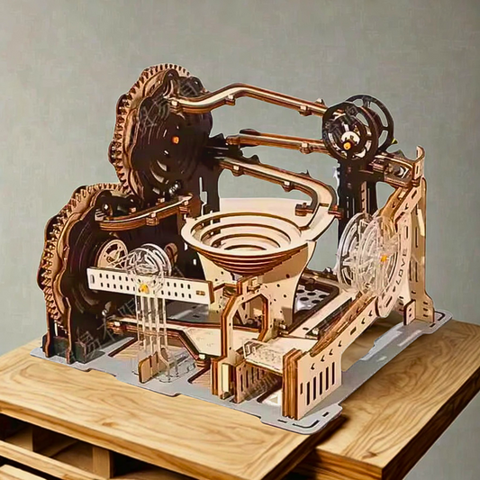 Wooden marble run puzzle model on a wooden surface with a neutral background
