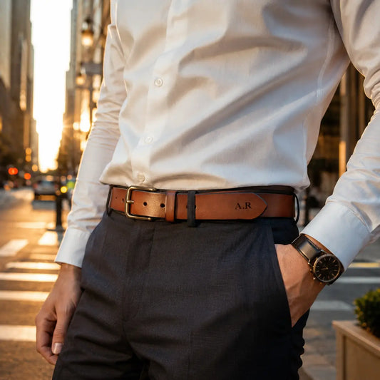 Alt text: Close-up of a man wearing a personalized brown genuine leather belt with engraved initials and antique brass buckle, styled with tailored trousers in an outdoor city setting at golden hour.