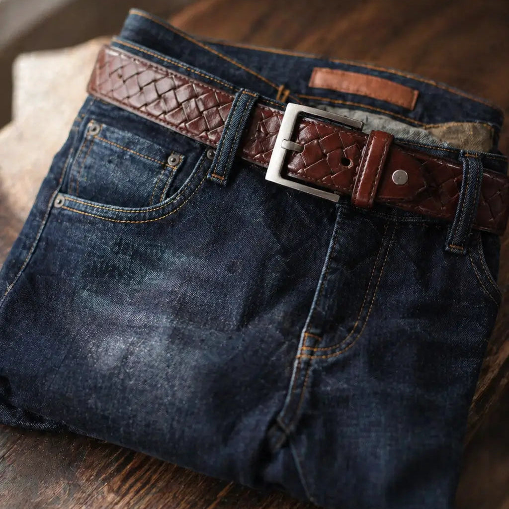 Dark indigo jeans folded on a wooden surface with a dark brown woven leather belt threaded through the loops, featuring a silver rectangular buckle and warm natural lighting.