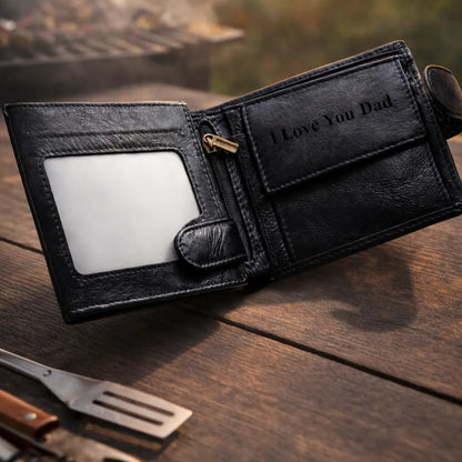 Leather Bifold Wallet in espresso full-grain leather, highlighting a minimalist cover with precision-stitched edges.