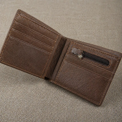 Interior layout of a brown bifold leather wallet showcasing multiple horizontal card slots and a built-in zippered coin pocket for secure storage.