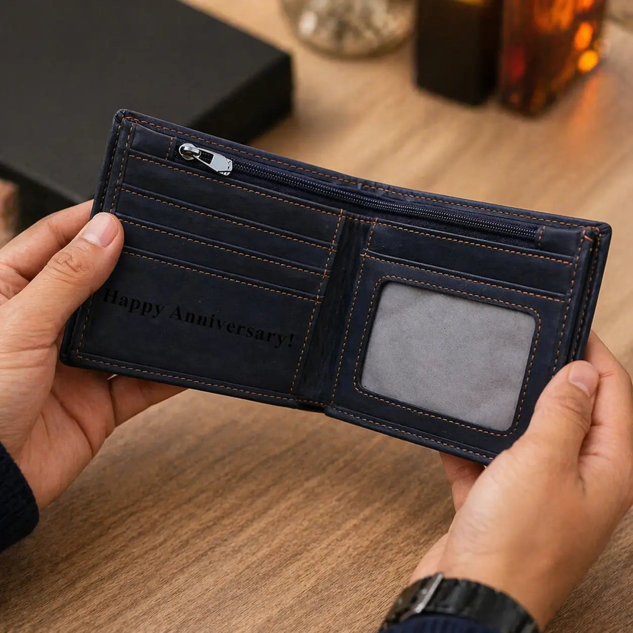 Personalized light brown leather wallet for men with a custom engraved sentimental message, shown in a professional setting with organized credit cards and ID.