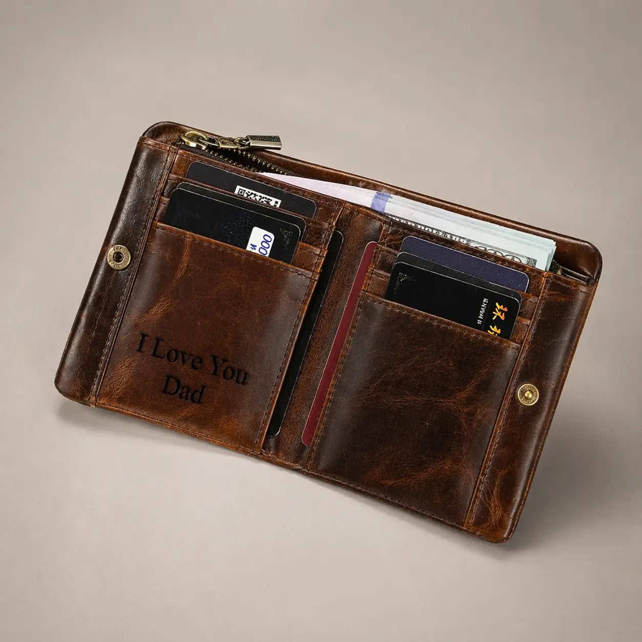 Leather Zipper Wallet in dark espresso full-grain leather, open to show technical card slots and hand-stitched lining.