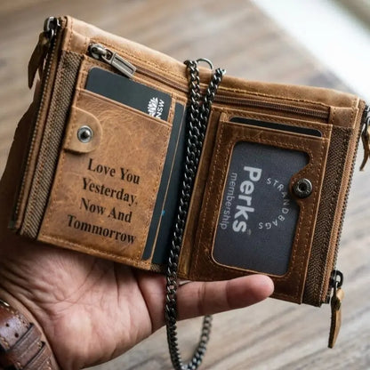 Custom engraved leather biker wallet for men, trifold design with anti-theft chain and zipper pocket, perfect personalized anniversary gift.