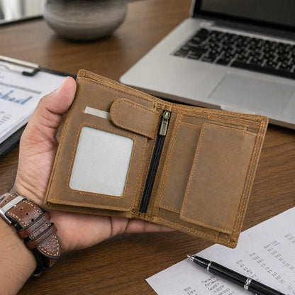 High-capacity tan leather bifold wallet for men, held over a wooden desk with a laptop, featuring durable stitching and a clear ID holder.