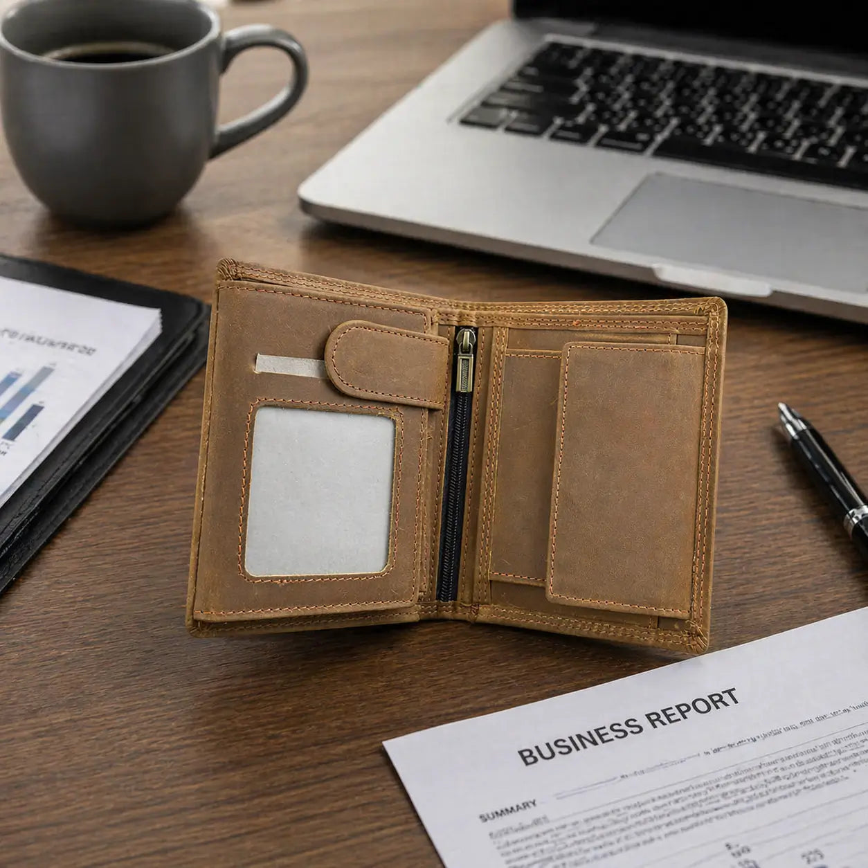 High-capacity tan leather bifold wallet for men, shown on a wooden desk with a business report, featuring durable stitching and a clear ID holder.